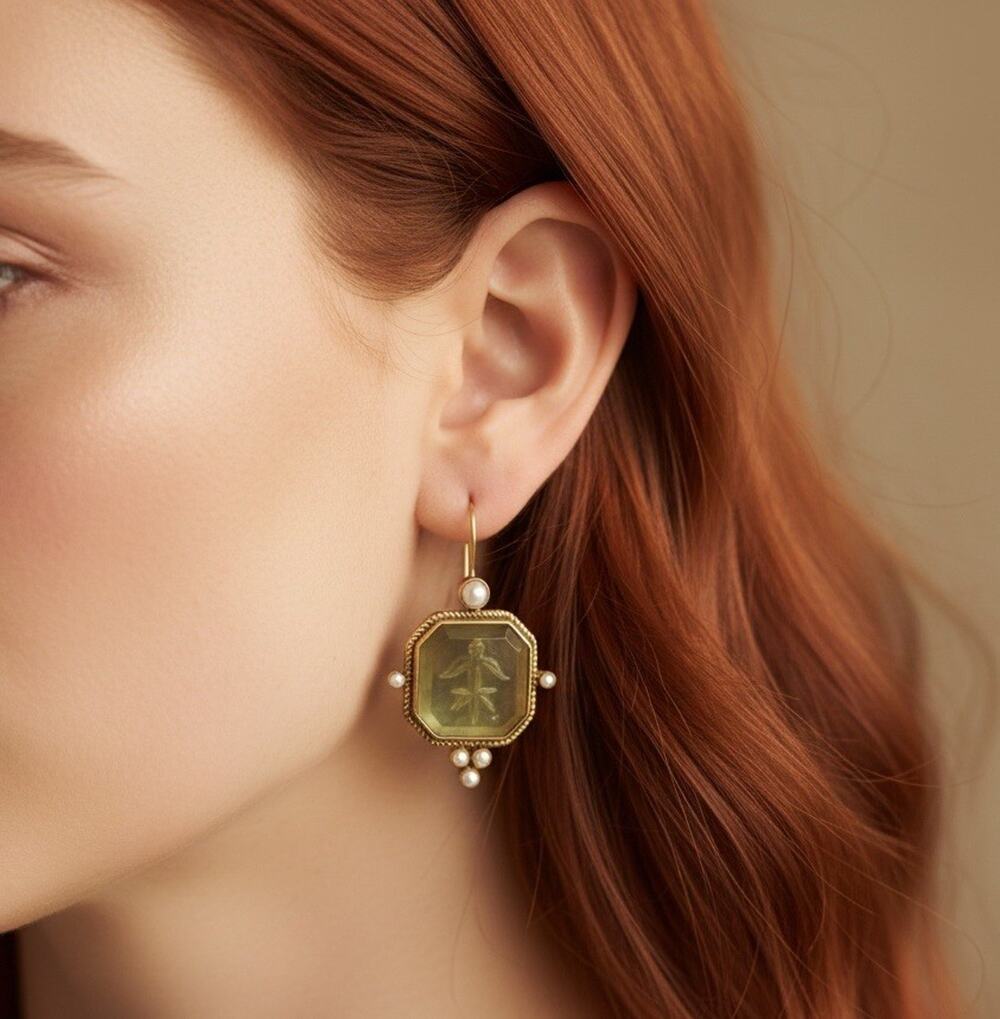 Museum Edwardian Intaglio Earrings Green Pearl Gold Cameo Flower Geometric